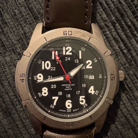 Other - Vintage men Brown Leather Strap Watch with Black Dial needs battery
